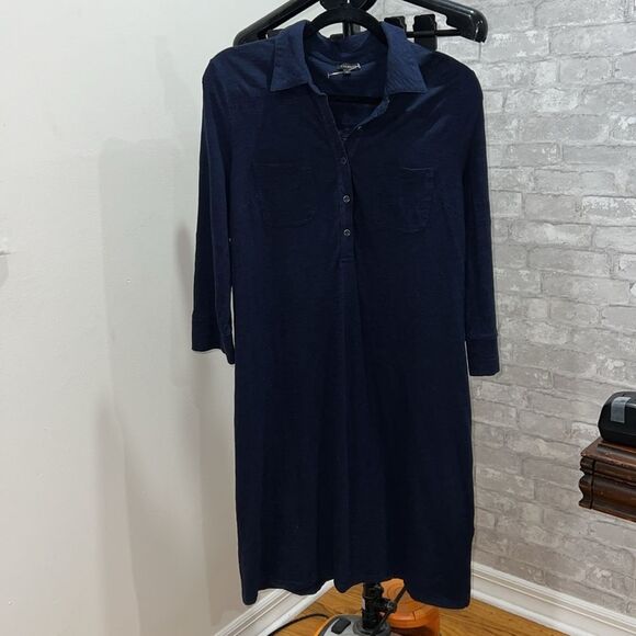 Talbots Navy Cotton Blend Button 3/4 Sleeve Shirt Dress Chest pockets Size Med - Picture 11 of 12